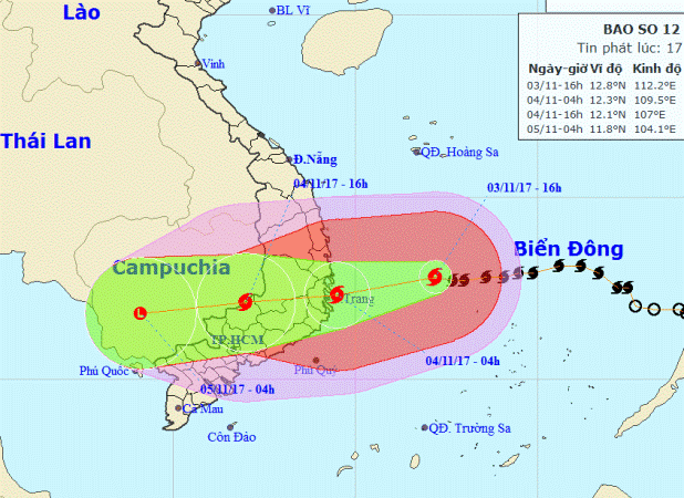 Sóng biển vùng tâm bão số 12 cao 6-8m, Quảng Trị đến Bình Thuận có mưa đặc biệt to